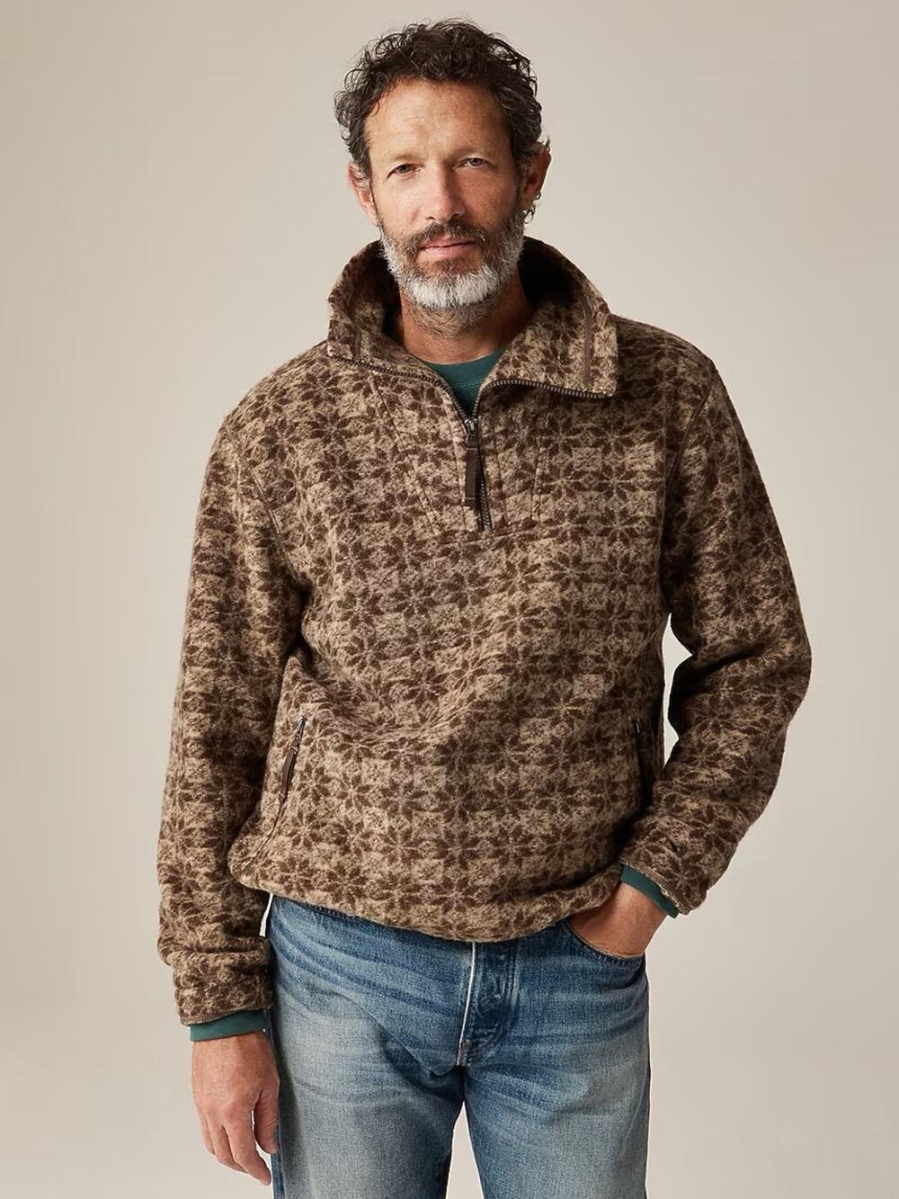 NWT J. Crew Wool Blend Sherpa Fleece Quarter Zip Pullover Snowflake Canva Small